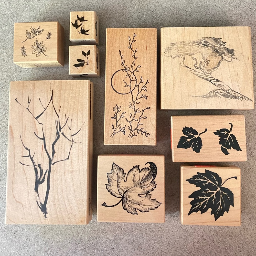 Wood Block Rubber Stamps Set of 9 Leaves Trees